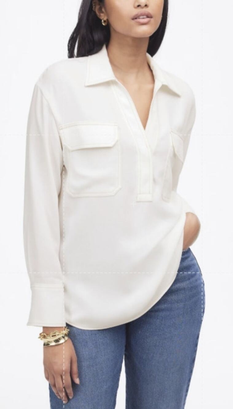 Madewell Contrast-Stitch Popover Shirt WMN S White Long Sleeve Regular Fit NT773